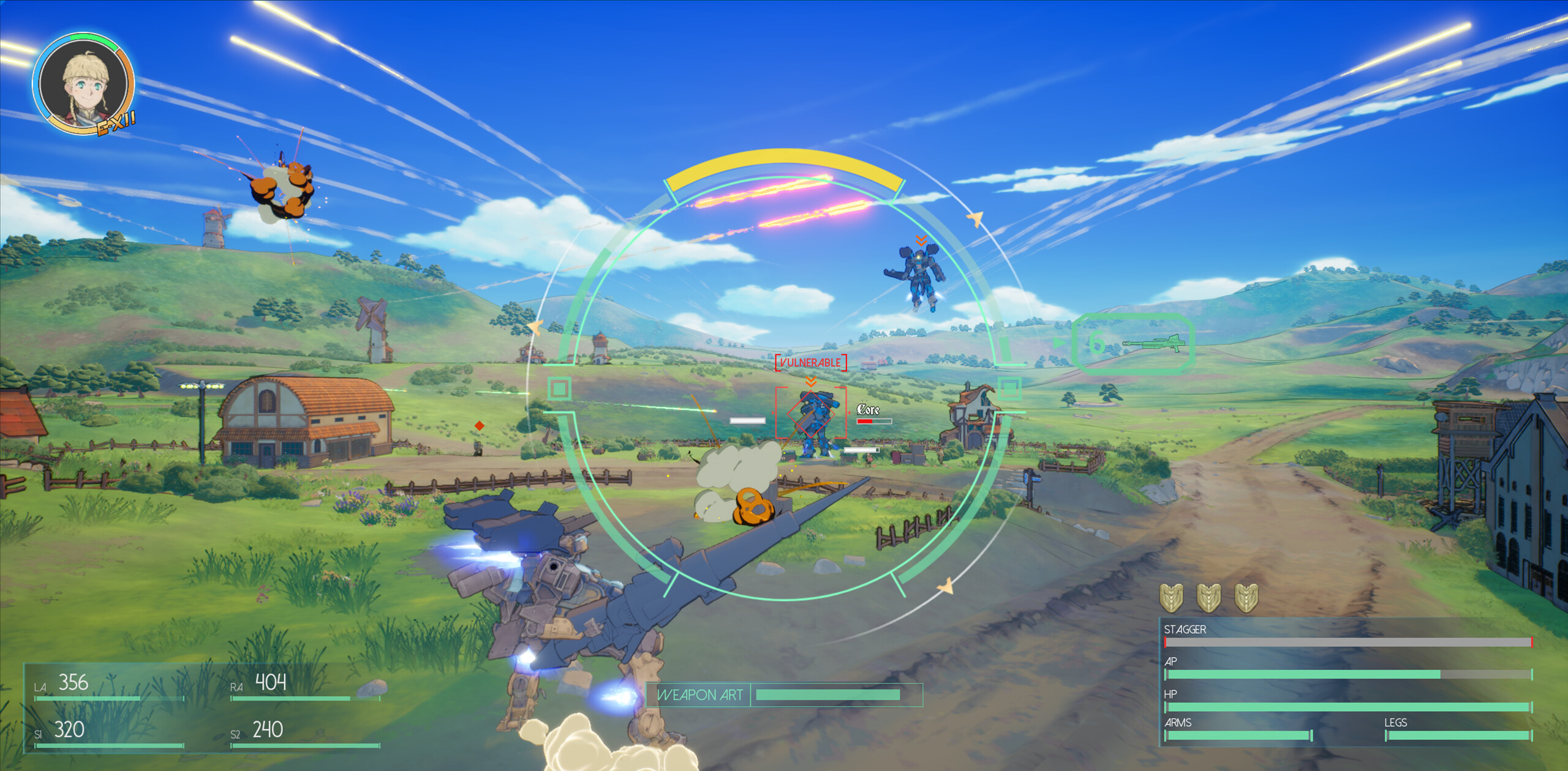 A mecha faces an incoming enemy attack over a stretch of farmland in Iron Valiant: Record of Astera.