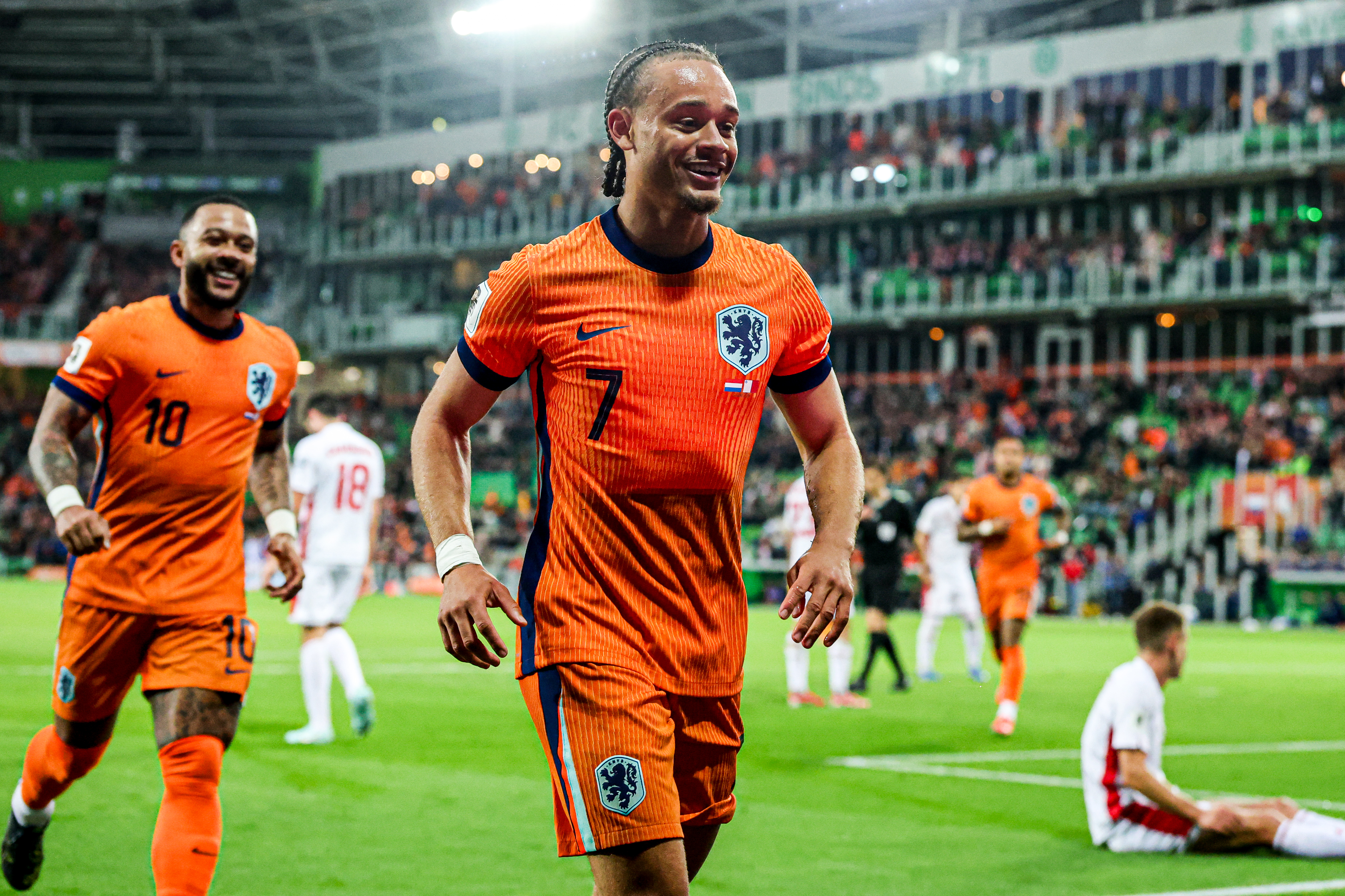 GRONINGEN, NETHERLANDS - JUNE 10: Xavi Simons of Netherlands celebrates the fourth goal during the UEFA World Cup Qualification match between Netherlands and Malta at Euroborg Stadion on June 10, 2025 in Groningen, Netherlands. (Photo by Pieter van der Woude/BSR Agency/Getty Images)