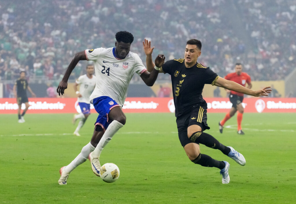 United States forward Patrick Agyemang against Mexico defender Cesar Montes