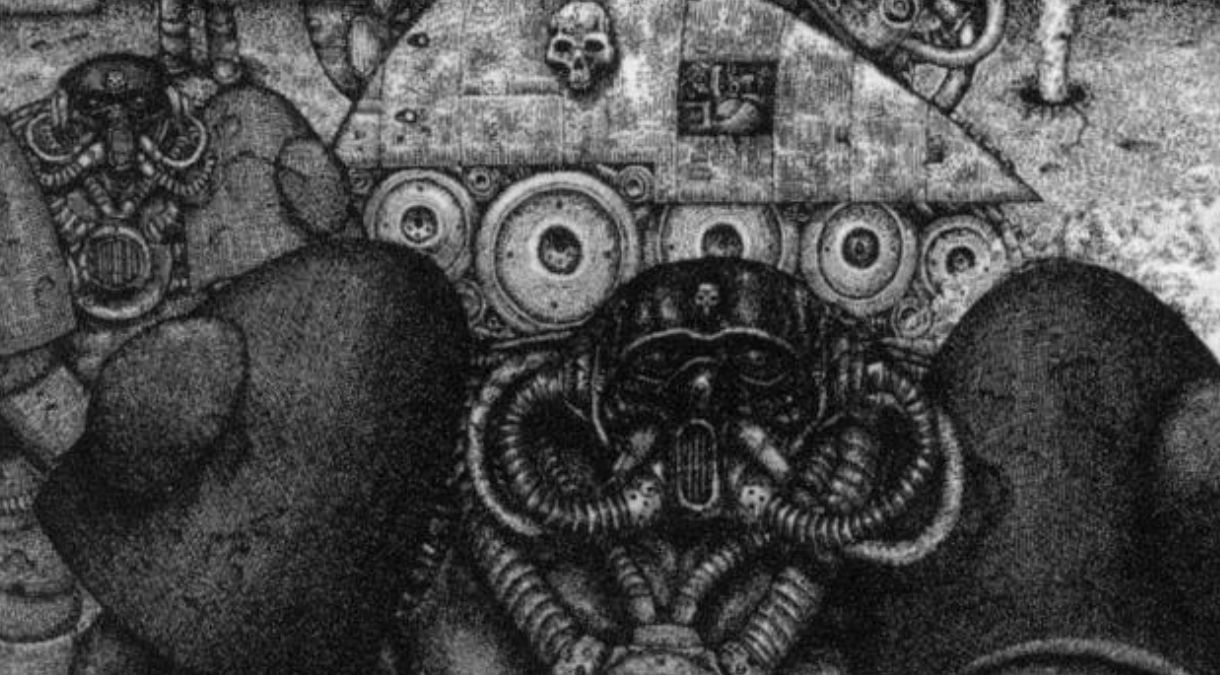 Space marines in old-fashioned power armor covered in tubes