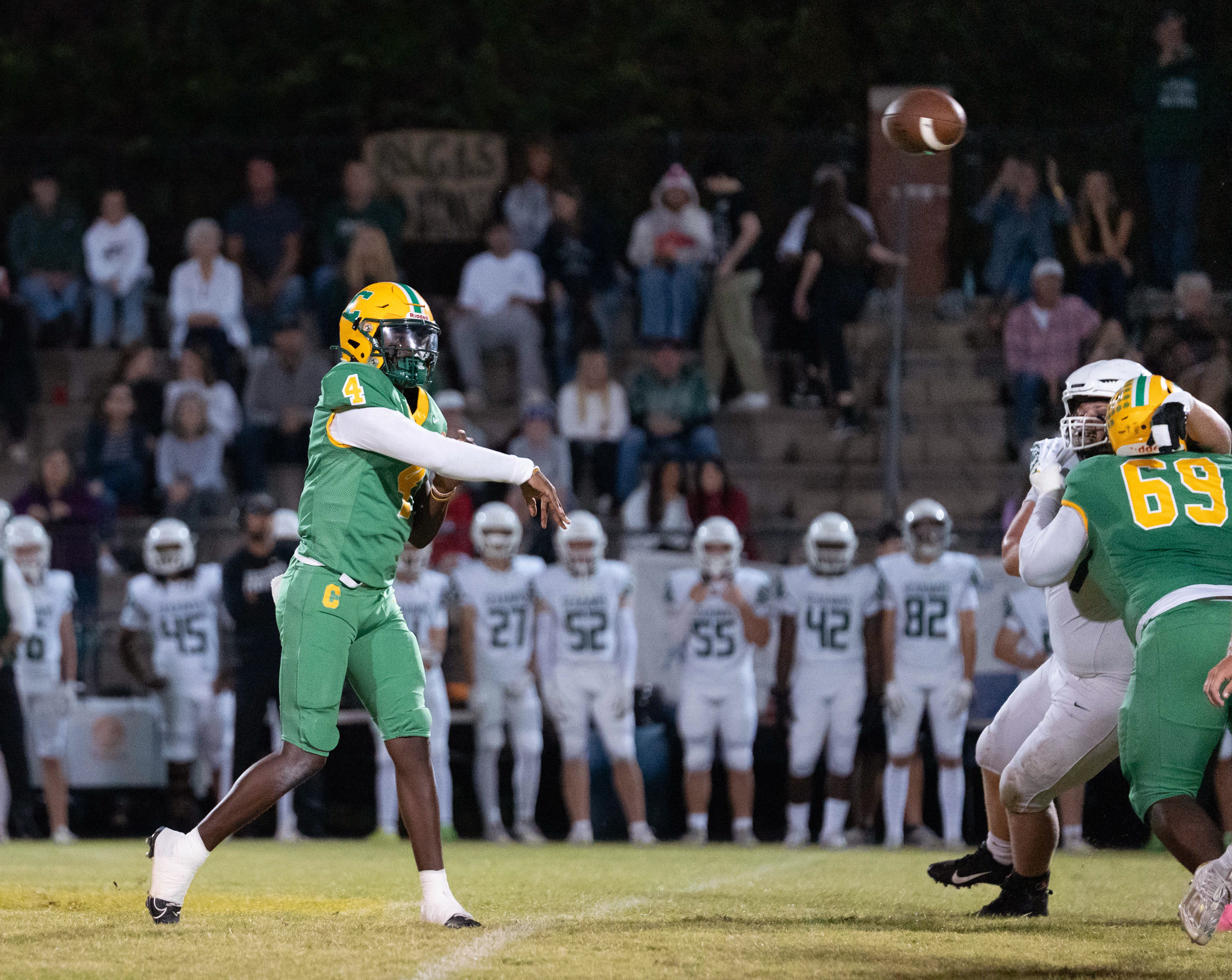 Crusaders quarterback Jaylin Brown (4) passes during the South Walton vs Catholic football game at Pensacola Catholic High School on Oct. 24, 2025.