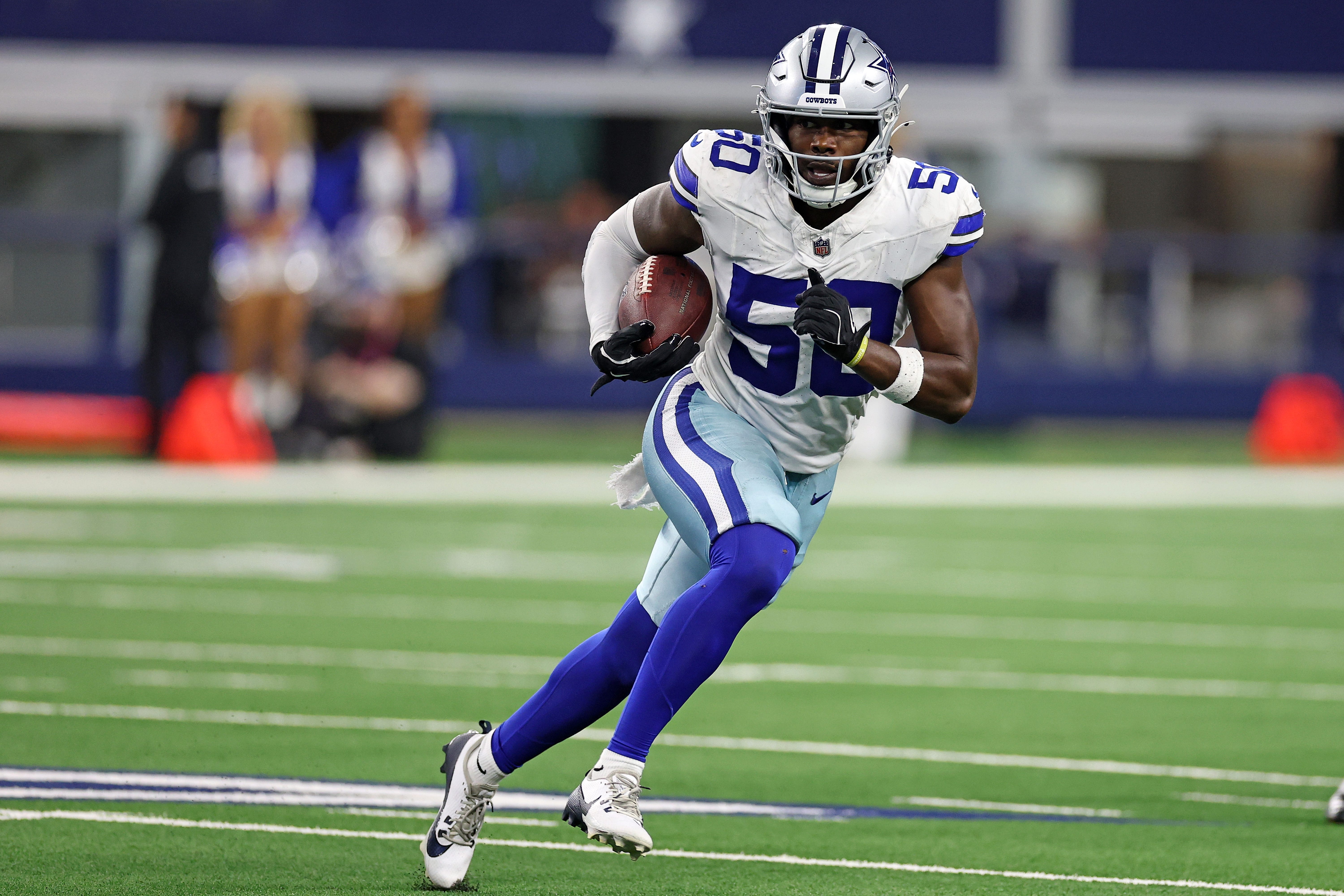 ARLINGTON, TEXAS - AUGUST 22: Shemar James #50 of the Dallas Cowboys runs for yards following an interception during the second half of an NFL Preseason 2025 game against the Atlanta Falcons at AT&T Stadium on August 22, 2025 in Arlington, Texas. (Photo by Stacy Revere/Getty Images)