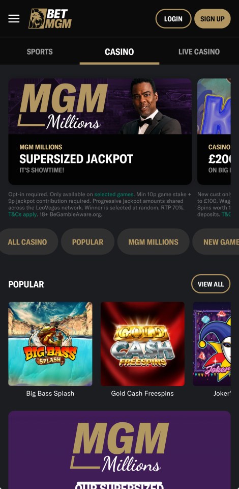 BetMGM casino app interface showing jackpot games.
