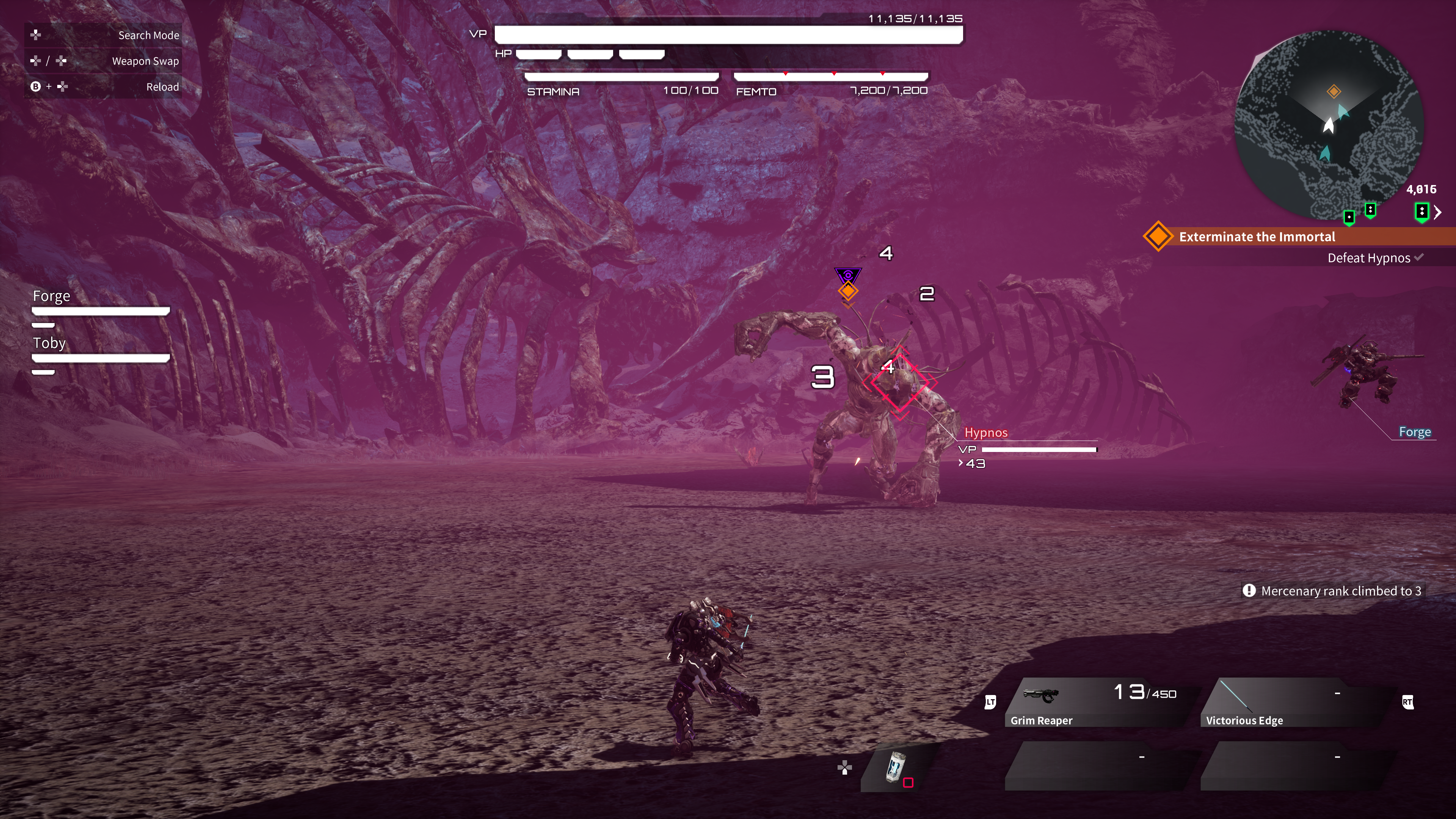 A screenshot of Daemon X Machina: Titanic Scion. A lanky monster smashes the ground in a purple arena.
