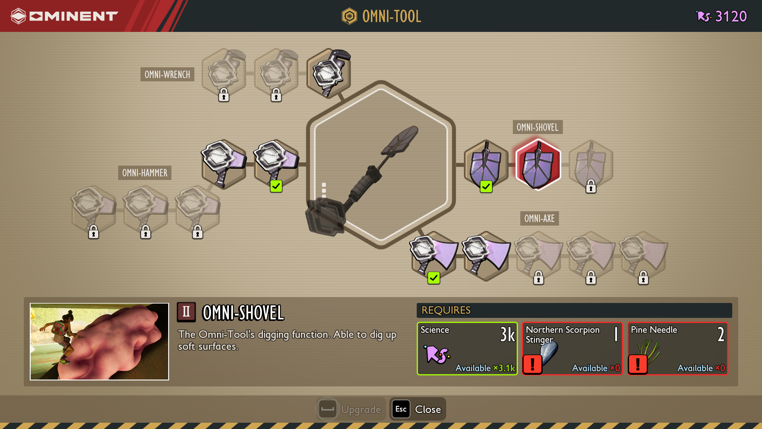 Grounded 2 Omni-Tool upgrades: The Omni-Shovel II upgrade in the Ominent research screen.