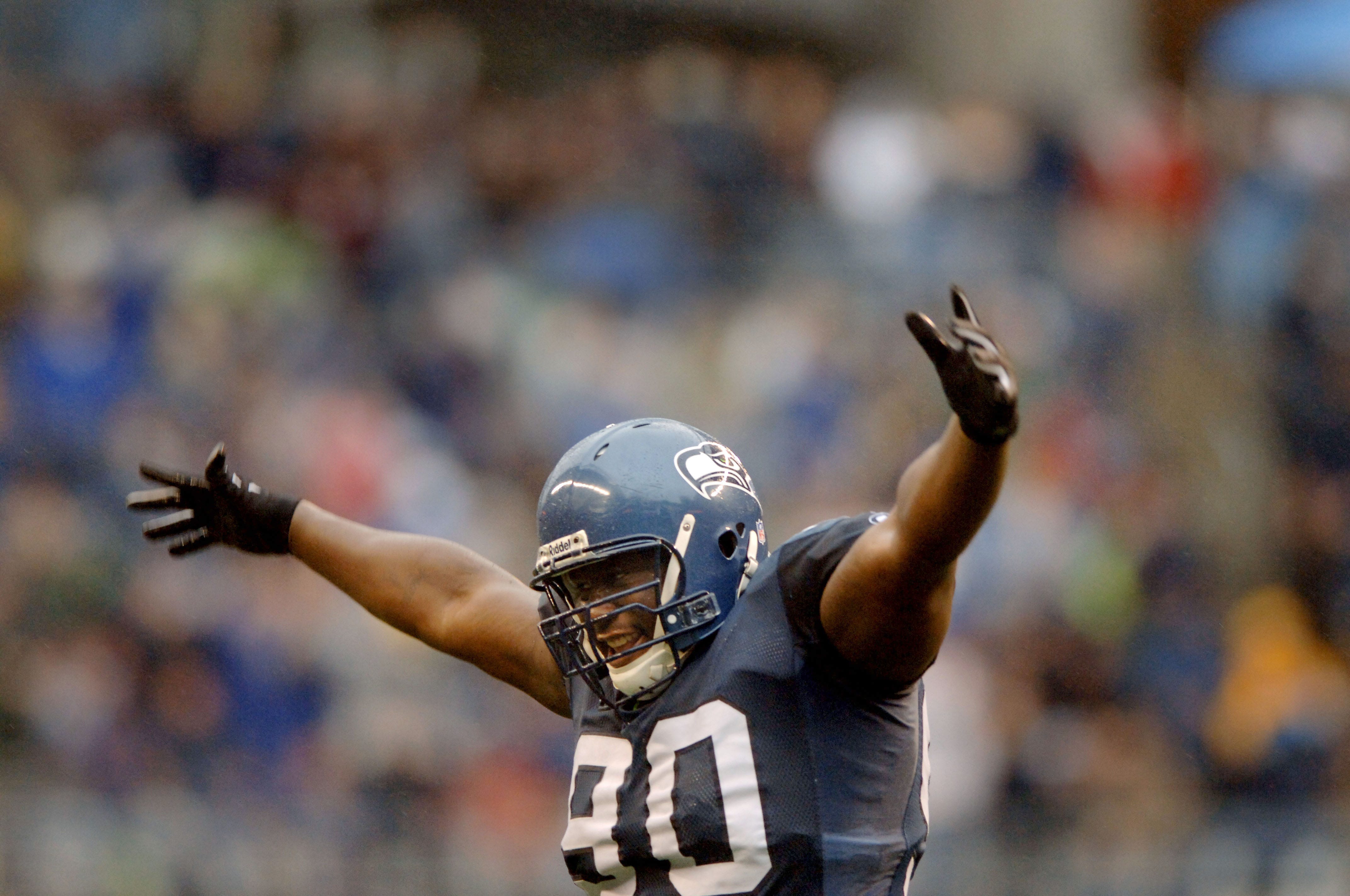 Seattle Seahawks defensive tackle Marcus Tubbs celebrates a Dallas Cowboys missed field goal in the fourth quarter at Qwest Field.