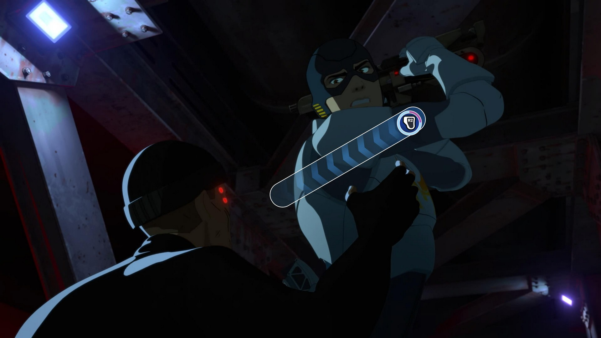 Dispatch: Robert dressed as Mecha Man with his arms behind his ahead, building to hit a criminal with a gun.