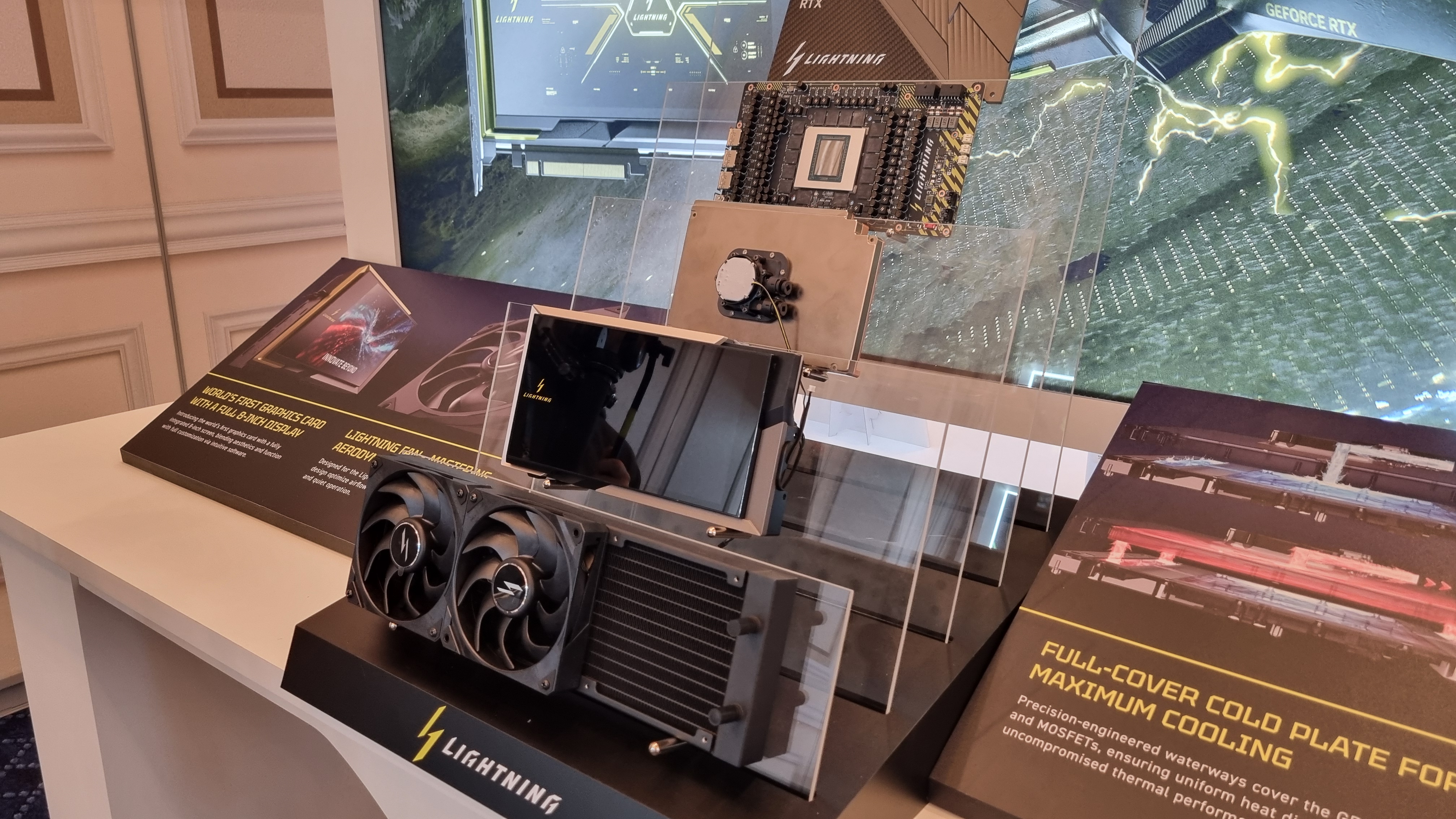 A disassembled MSI GeForce RTX 5090 32G Lightning Z graphics card at CES 2026