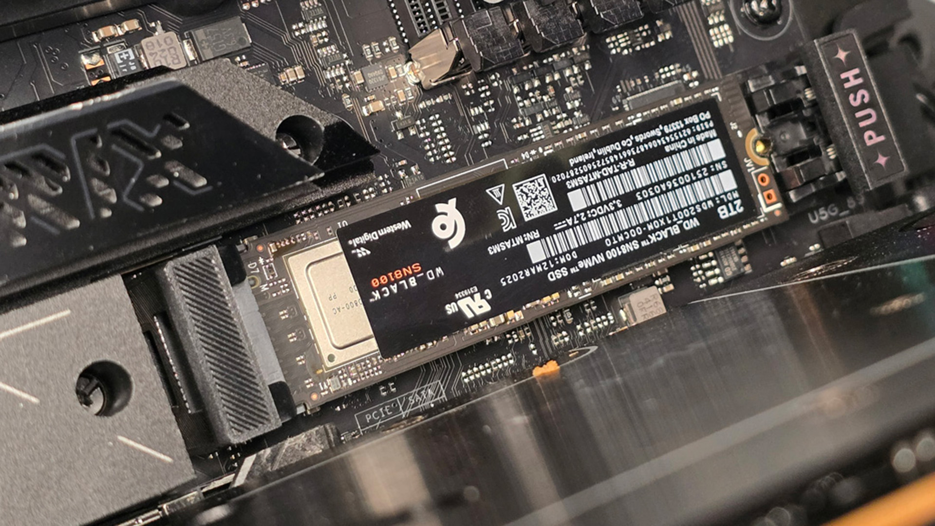 A WD Black SN8100 as it's installed inside a gaming PC.