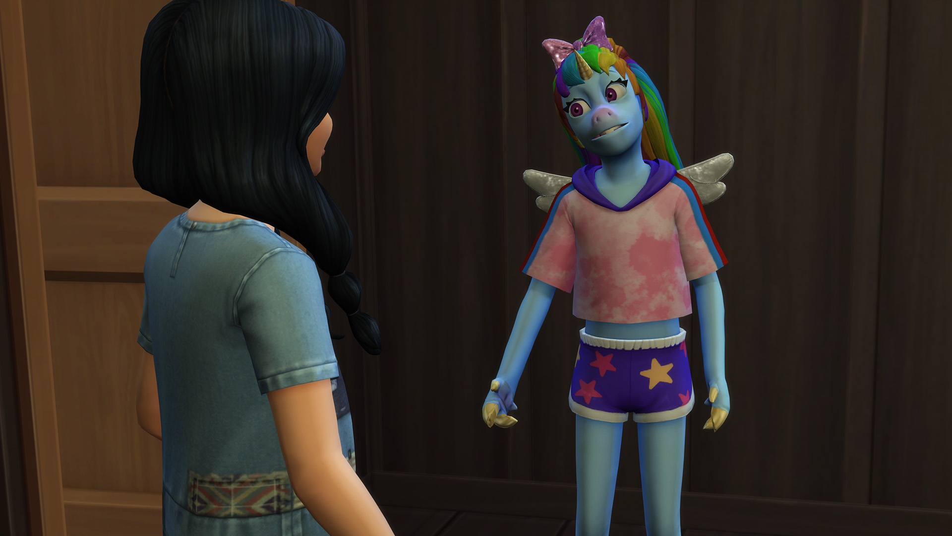 A fantastical-looking kid with blue skin, wings, and rainbow hair talking to a regular child Sim in the Sims 4 Adventure Awaits.