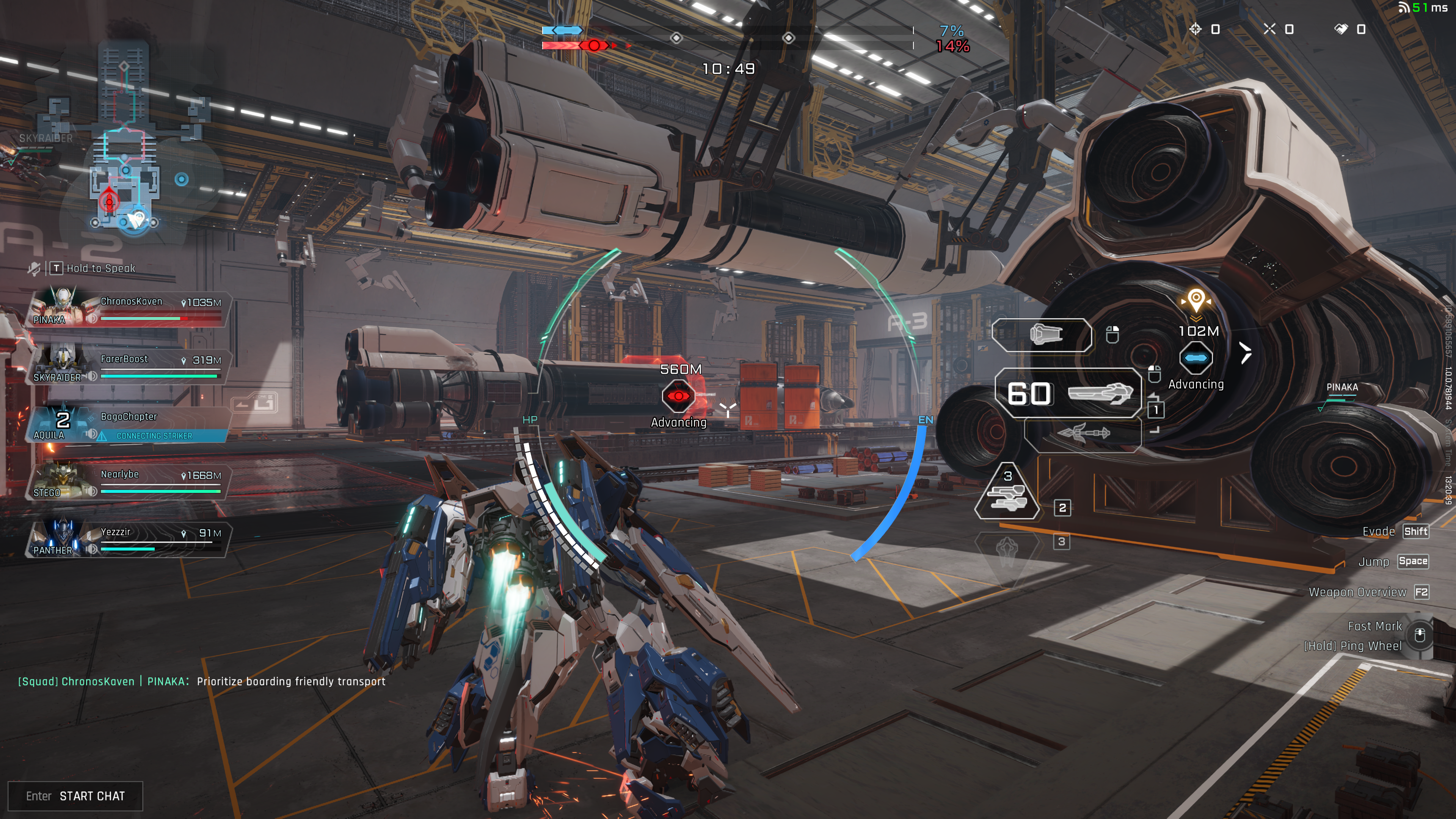 A blue and white mech battles in a facility in Mecha Break