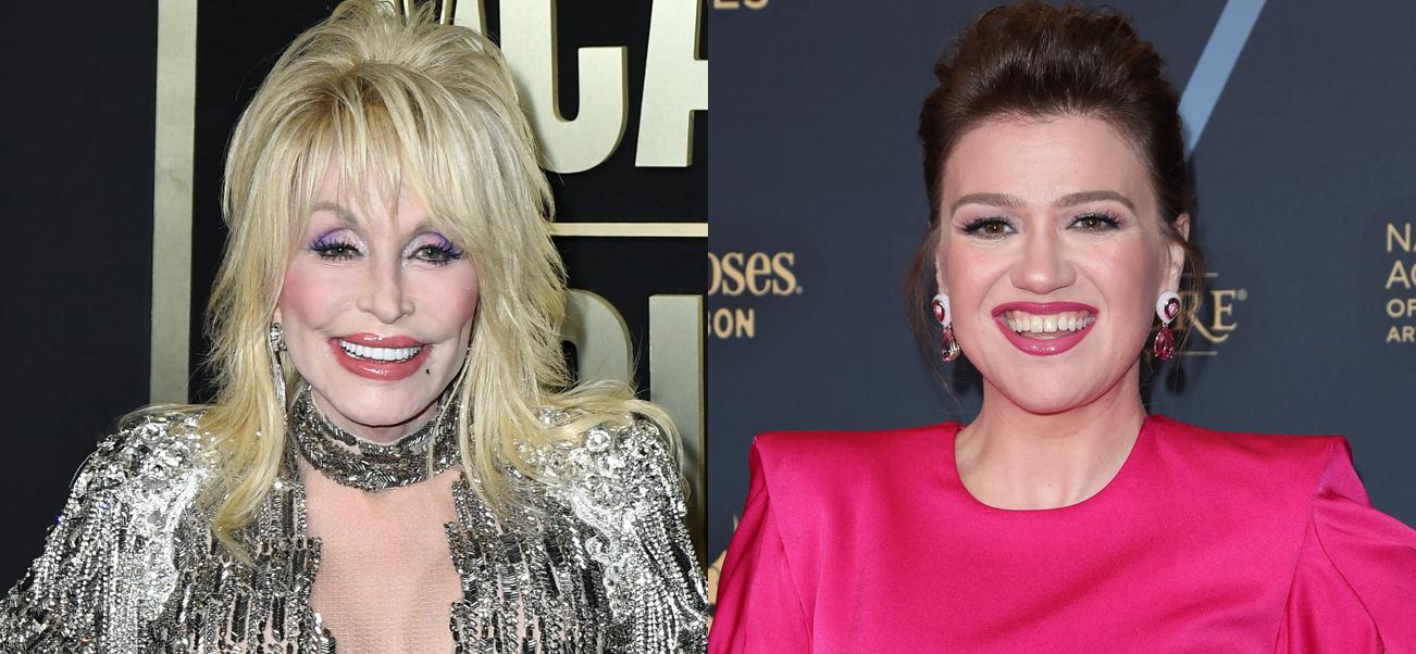 A photo collage of Dolly Parton and Kelly Clarkson