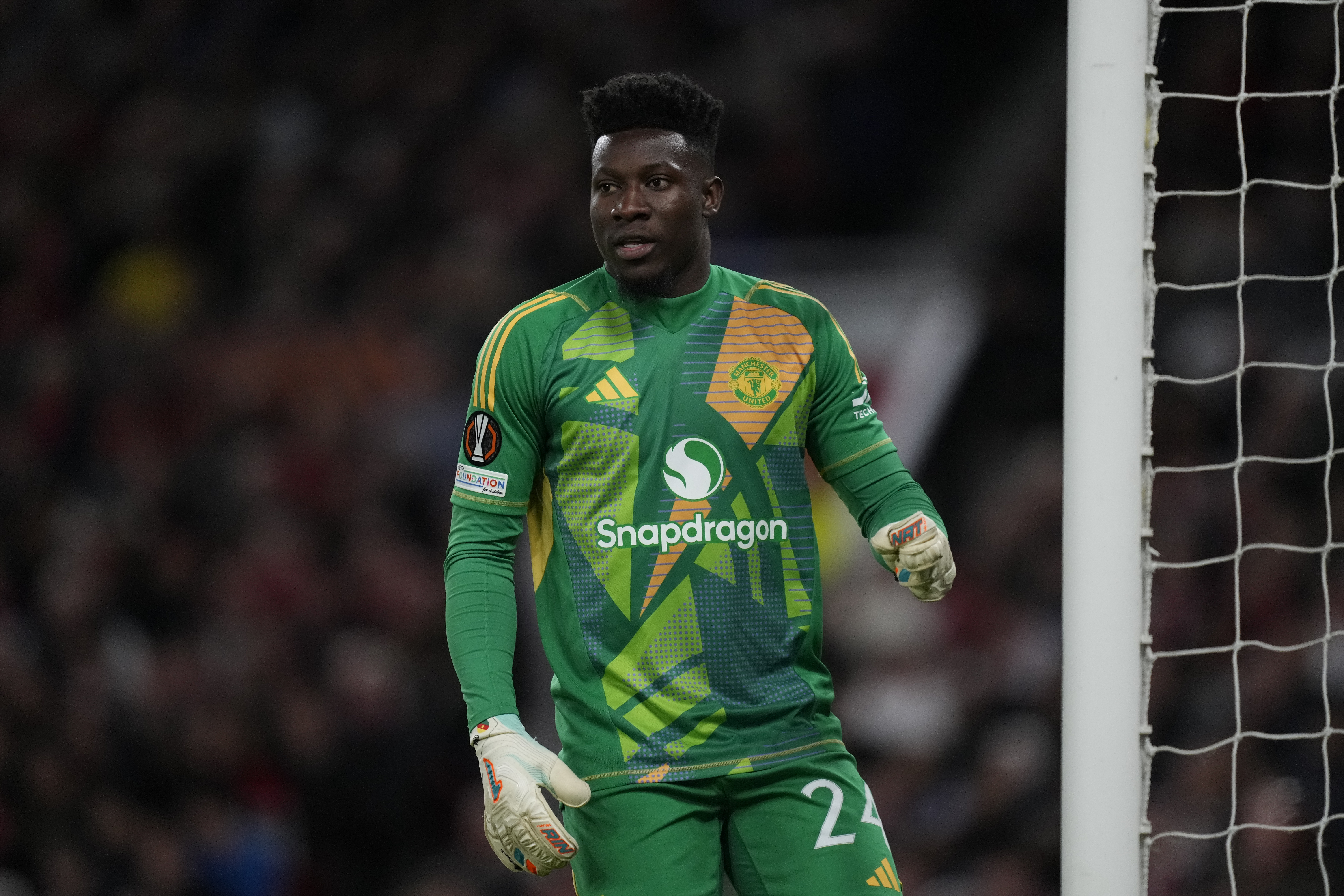 Andre Onana goalkeeper of Manchester United and Cameroon during the UEFA Europa League 2024/25 Semi Final Second Leg match between Manchester United and Athletic Club at Old Trafford on May 8, 2025 in Manchester, United Kingdom. (Photo by Jose Breton/Pics Action/NurPhoto via Getty Images)