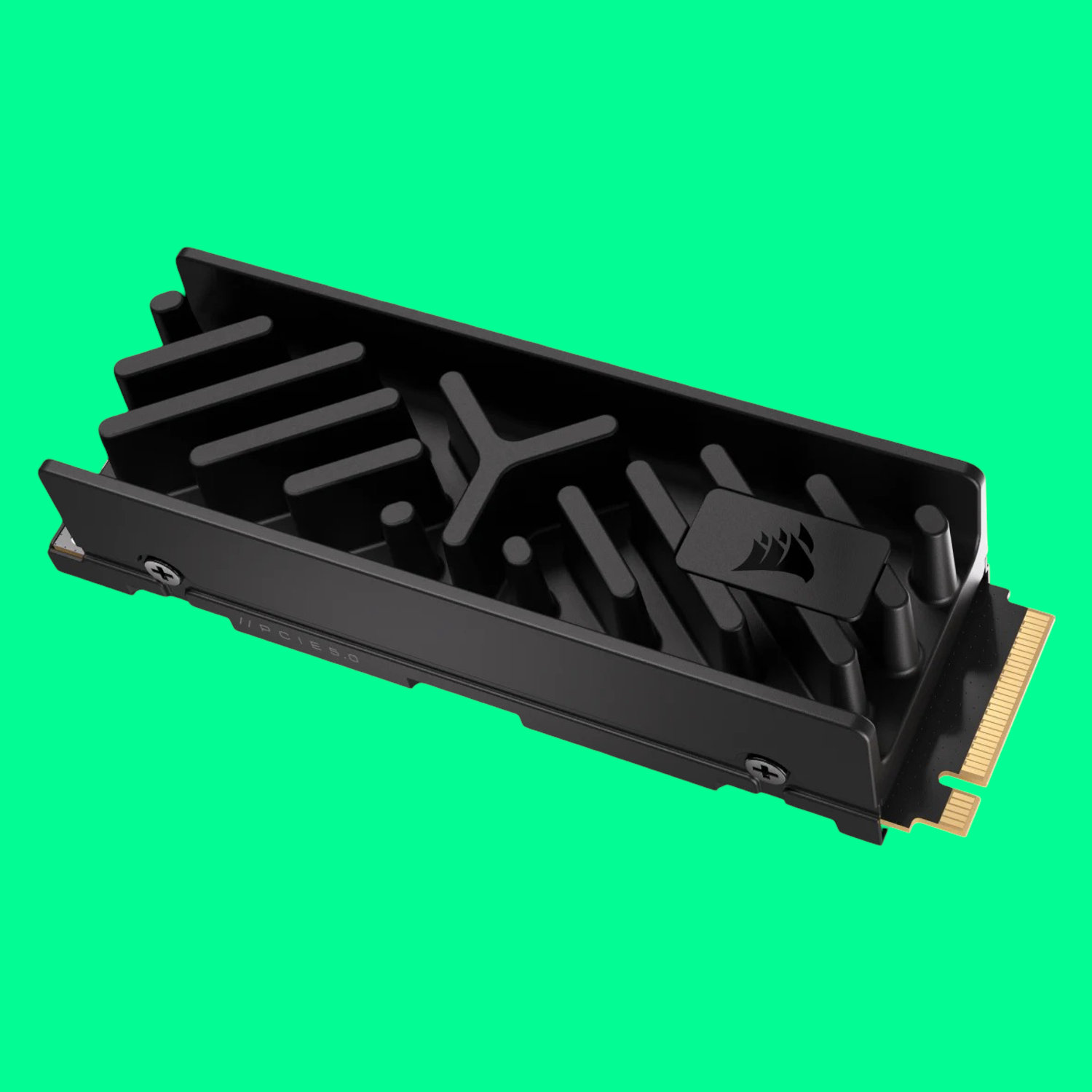 An image of a Corsair MP700 Elite SSD against a bright green background.