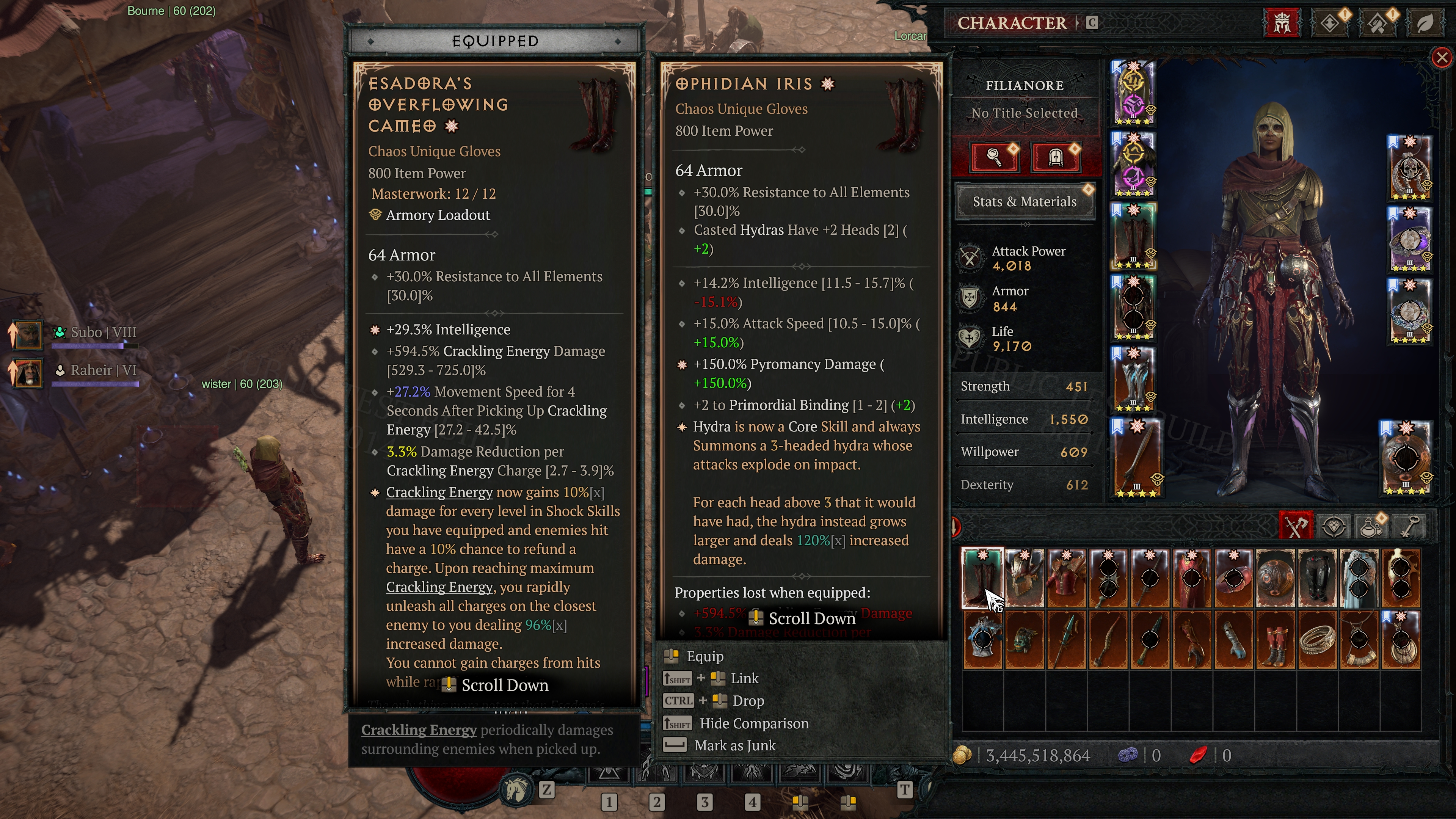 A screenshot of Diablo 4 season 10 PTR. A sorceress player hovers over an item in their inventory to compare it to the one they have equipped. Two items tooltips with bright outlines sit next to each other. They are both pairs of chaotic unique boots.