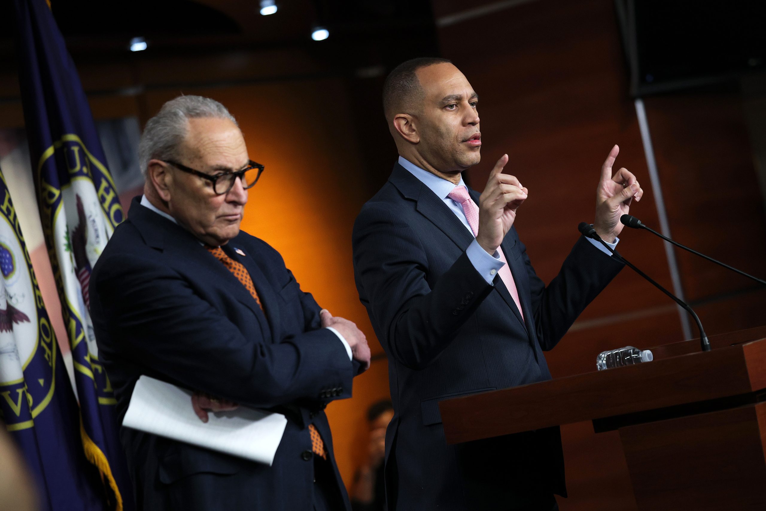 House Minority Leader Hakeem Jeffries (D-NY) speaks as US Senate Minority Leader Chuck Schumer (D-NY) looks on during a news conference at the US Capitol on January 8, 2026, in Washington, DC. Schumer and Jeffries spoke to reporters on the recent ICE shooting, limiting President Trump&rsquo;s war powers in the wake of the Venezuela raid, and upcoming floor legislation including the extension of &ldquo;Obamacare&rdquo; subsidies. Photo by Kevin Dietsch/Getty Images.