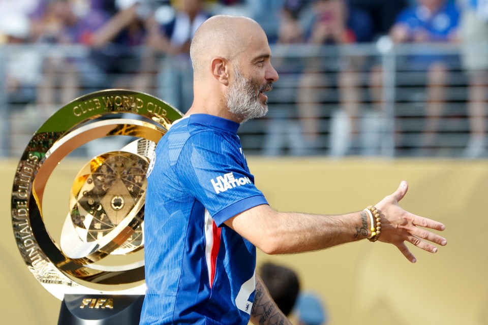 EAST RUTHERFORD, NEW JERSEY - JULY 13: Coach of Chelsea Enzo Maresca during the trophy ceremony following the FIFA Club World Cup 2025 final football match between Chelsea FC and Paris Saint-Germain (PSG) at MetLife Stadium on July 13, 2025 in East Rutherford, New Jersey. (Photo by Jean Catuffe/Getty Images)