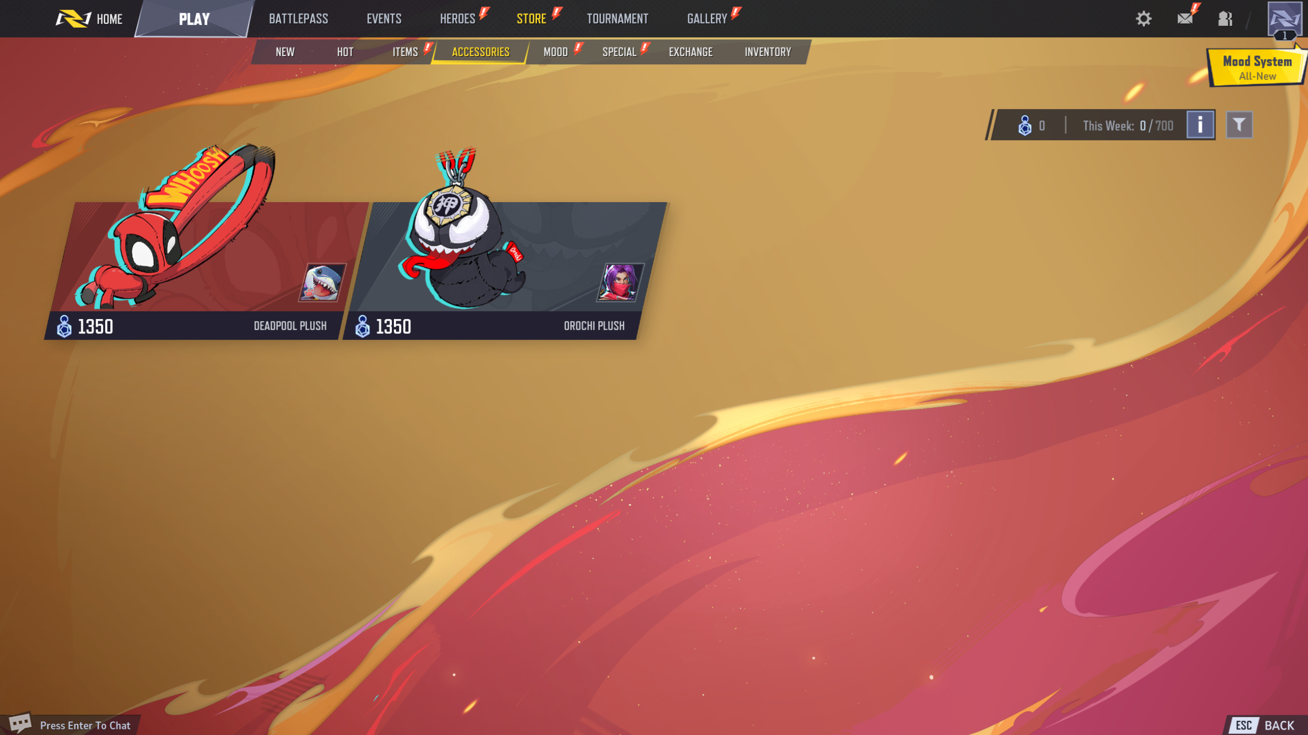 Marvel Rivals accessories: The Deadpool Plush and Orochi Plush in the accessories shop.