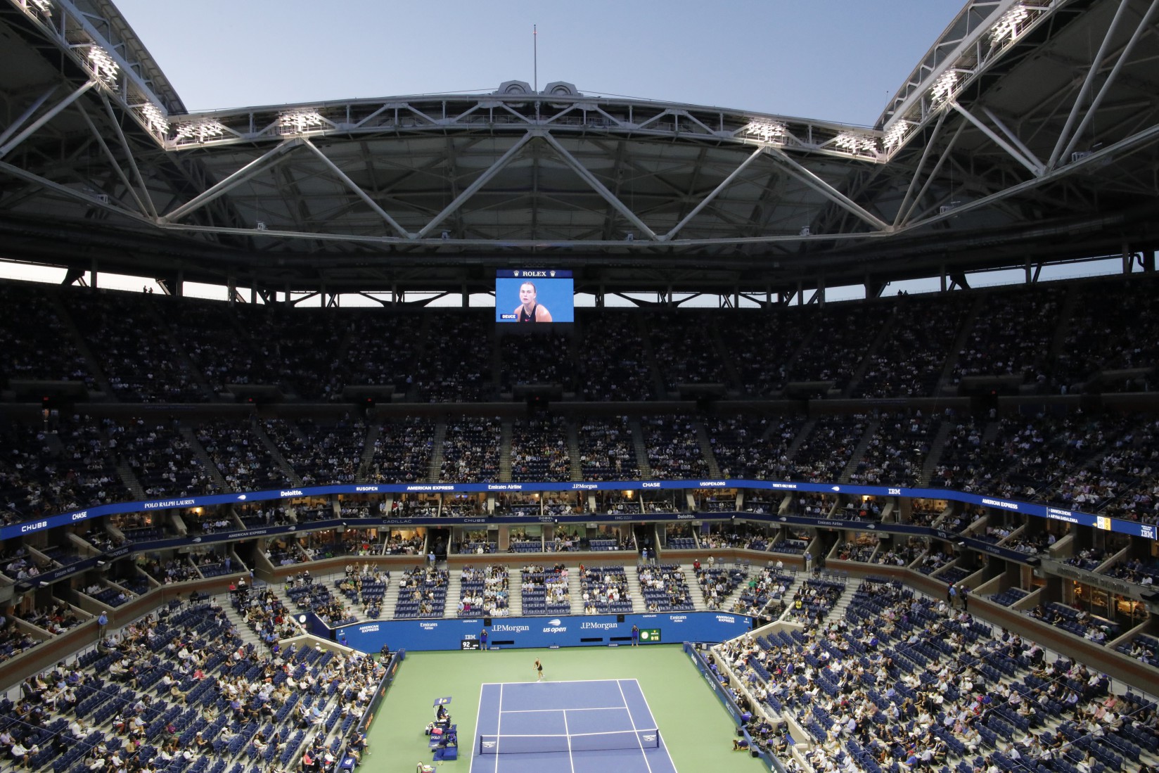 A general view shows Arthur Ashe Stadium during the women's quarterfinals match between Belarus's Aryna Sabalenka and China's Zheng Qinwen on day nine of the US Open tennis tournament at the USTA Billie Jean King National Tennis Center in New York City, on September 3, 2024. (Photo by KENA BETANCUR / AFP) (Photo by KENA BETANCUR/AFP via Getty Images)