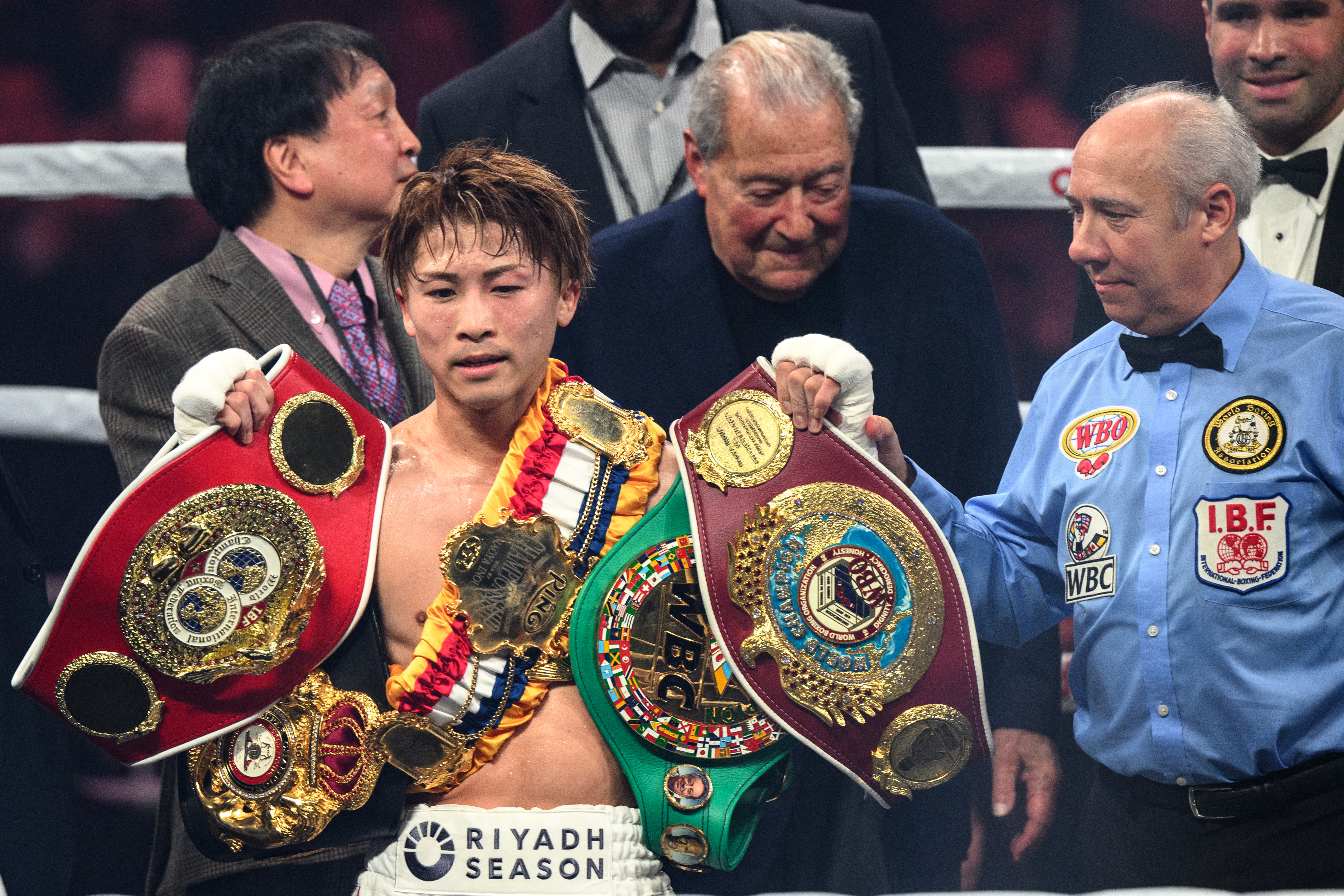Japan's Naoya Inoue celebrates his victory against South Korea's Kim Ye-joon during their world super-bantamweight title boxing bout in Tokyo on January 24, 2025. (Photo by Philip FONG / AFP) (Photo by PHILIP FONG/AFP via Getty Images)