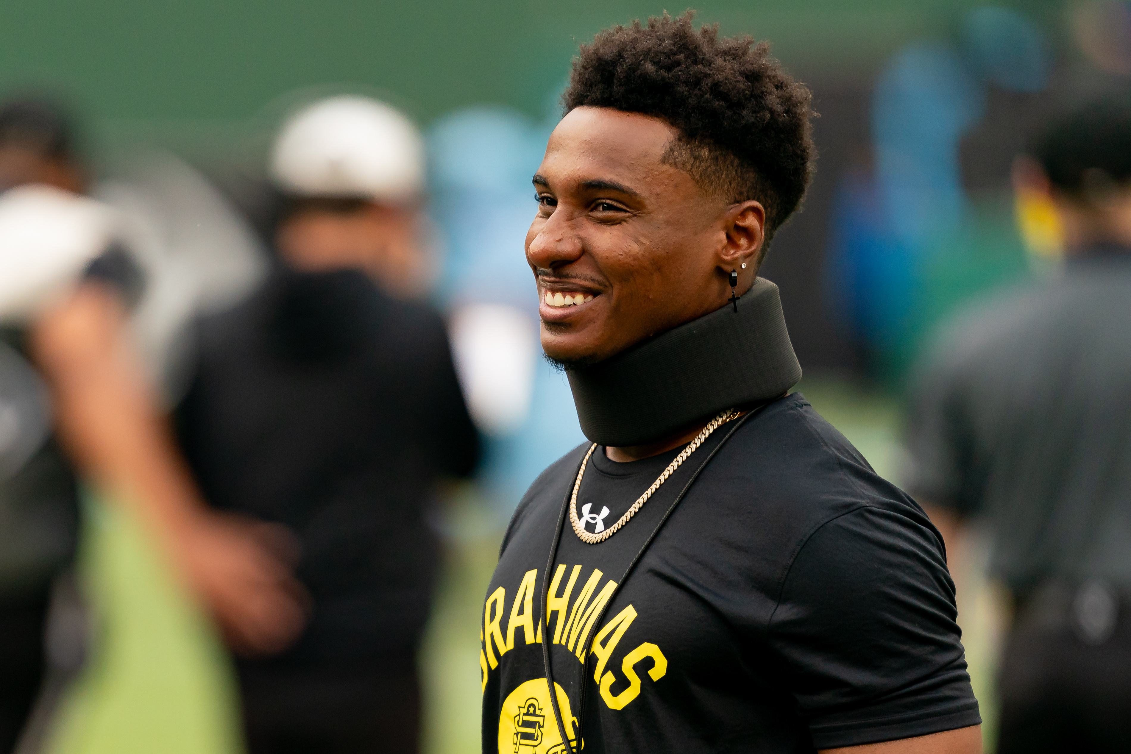 ARLINGTON, TX - APRIL 27:San Antonio Brahmas kicker Donald De La Haye (19) known as Deestroying smiles during a UFL game between the San Antonio Brahmas and the Arlington Renegades on April 27, 2024 at Choctaw Stadium in Arlington, TX. (Photo by Chris Leduc/Icon Sportswire via Getty Images)