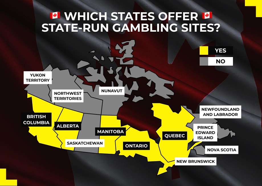 Map showing which Canadian states offer state-run gambling sites