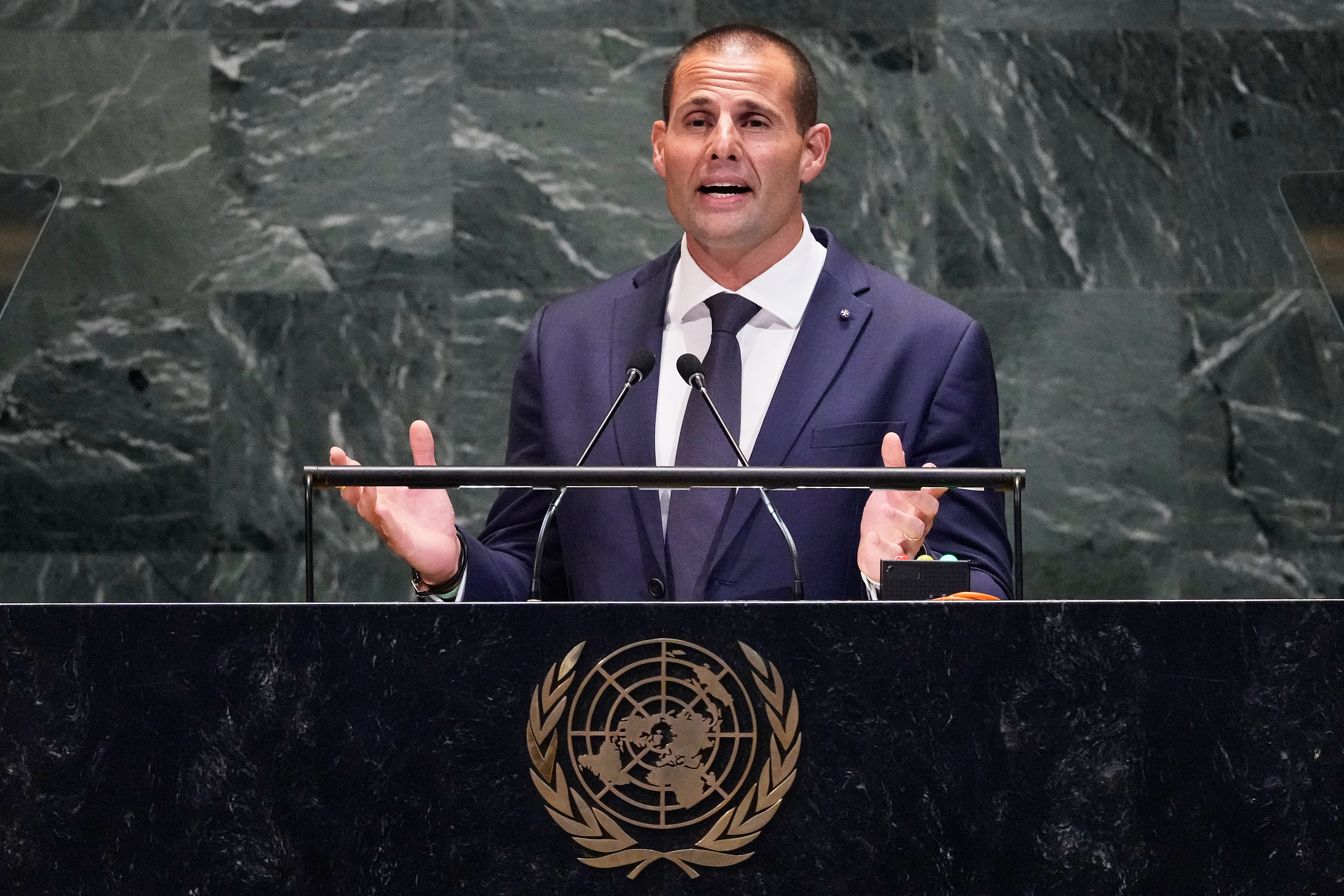 Malta Prime Minister Robert Abela addresses the 80th session of the United Nations General Assembly, Friday, Sept. 26, 2025. (AP Photo/Richard Drew)