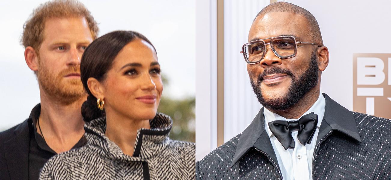 A photo collage of Prince Harry with Meghan Markle and Tyler Perry